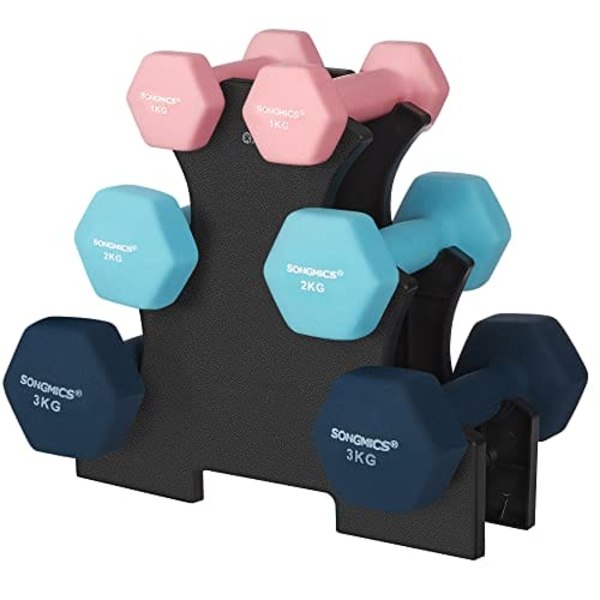 Songmics Hex-käsipainot telineellä - 2 x 1 kg, 2 x 2 kg, 2 x 3 kg, pinkki, aqua ja sininen