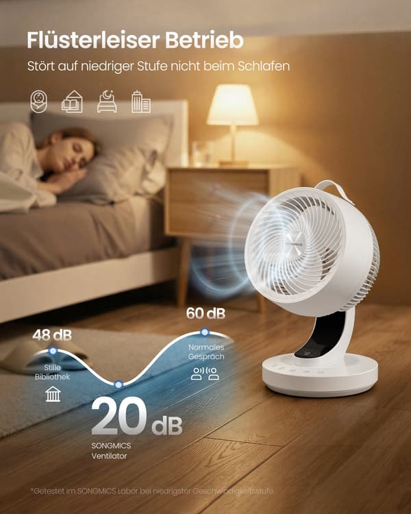 Tyst skrivbordsfläkt 20 dB med fjärrkontroll, 70° oscillation, 12 timmars timer, molnvit