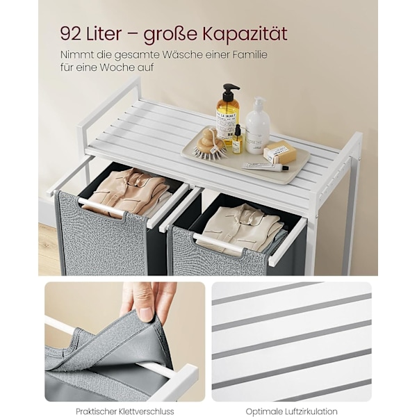 Vasagle pyykkikori, 2 osastoa, Oxford-kangaskassi, ulosvedettävä, irrotettava, metallikehikko, 2 x 46 l, valkoinen/vaaleanharmaa