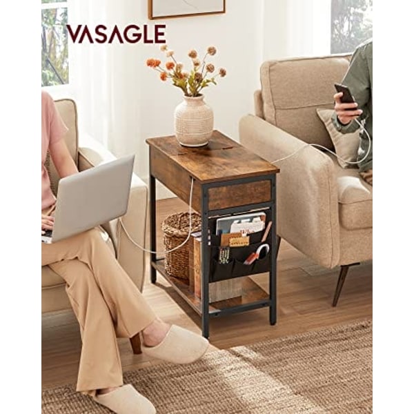 Vasagle sidebord, sammenklappeligt sengebord med stikkontakt, sammenklappelig bordplade, brun sort