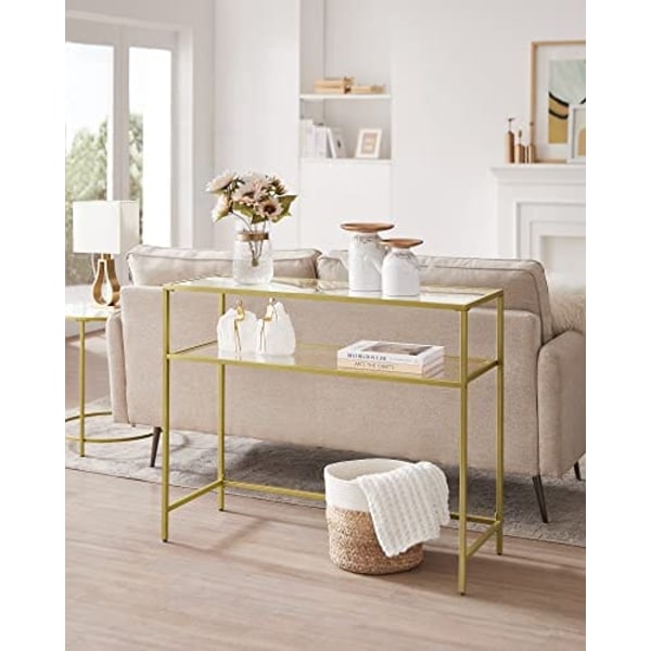 Vasagle -konsolbord, härdat glasbord, modern soffa eller entrébord, guldfärg