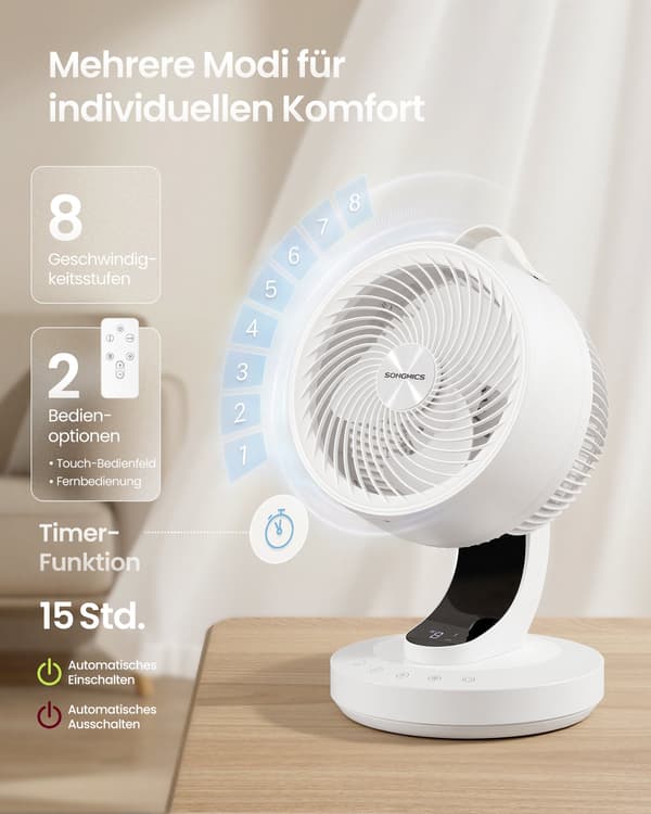 Tyst skrivbordsfläkt 20 dB med fjärrkontroll, 70° oscillation, 12 timmars timer, molnvit