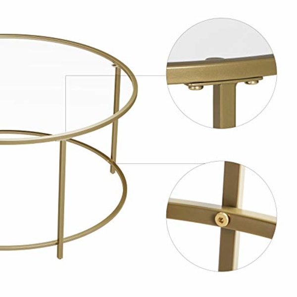 Vasagle rund soffbord, glasbord med stålram, vardagsrumsbord, guld