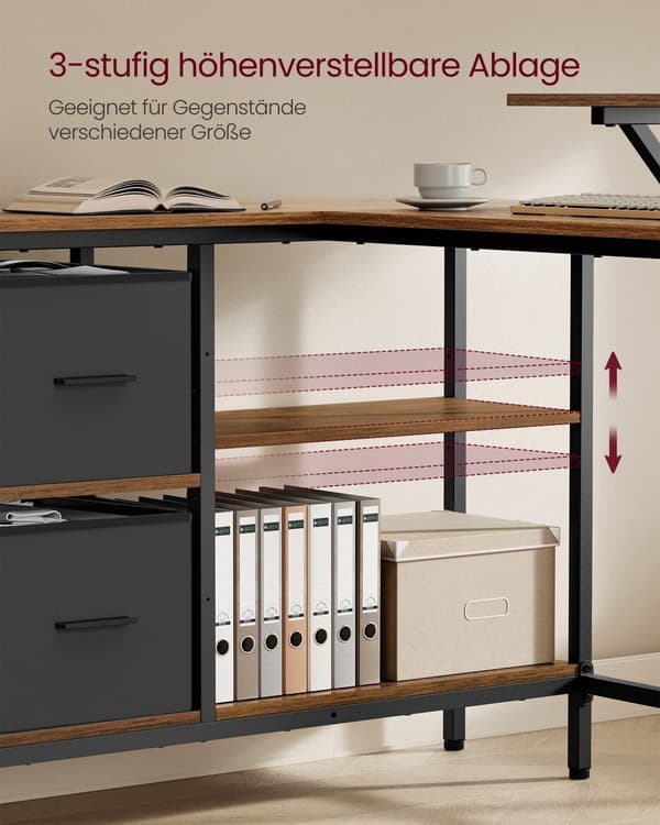 VASAGLE L-formet skrivebord med 2 rummelige skuffer, gamingbord, computerbord, rustik brun