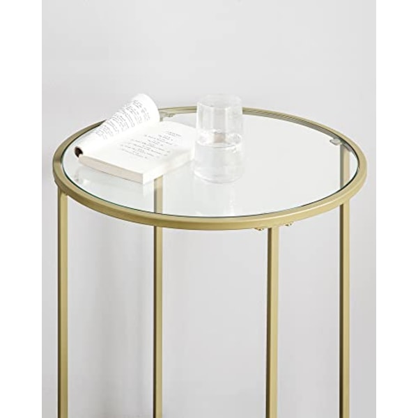 Vasagle rund sidobord, härdat glasändbord med gyllene metallram, litet soffbord, guld