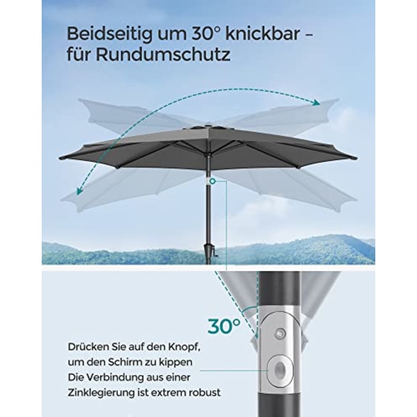 SONGMICS 290 cm Garden Parasol sateenvarjo, UPF 50+, aurinkosuoja, 30° kallistus, harmaa