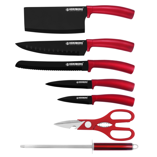 8 delar knivset med akrylstativ - röd
