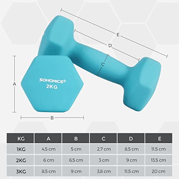 Songmics Hex håndvægte med stativ - 2 x 1 kg, 2 x 2 kg, 2 x 3 kg, rosa, aqua og blå