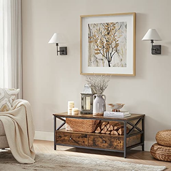 VASAGLE sohvapöytä, olohuoneen pöytä, X-muotoinen teräsrunko, 100 x 55 x 45 cm, ruskea ja musta
