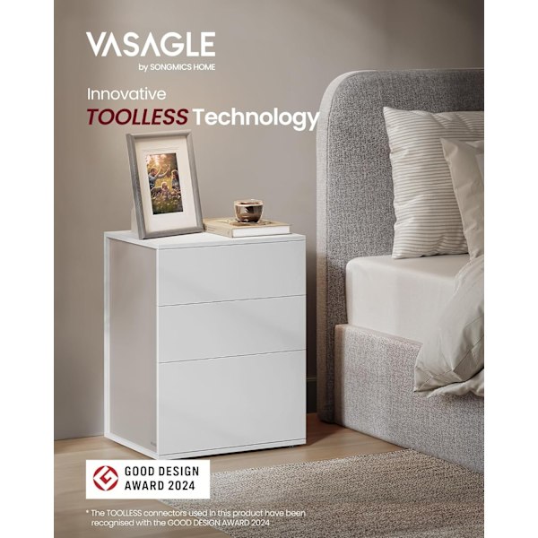 Superhurtig Montering Uden Værktøj, Natbord, 3 Opbevaringsskuffer, Sidebord, Cappuccino Beige