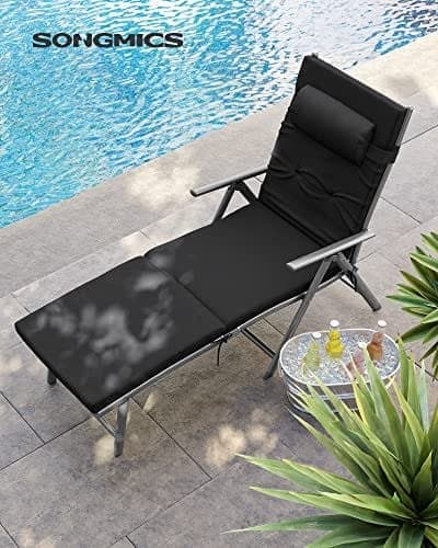 SONGMICS Sammenklappelig solstol, solseng med 6 cm madras, rustfrit aluminium, sort