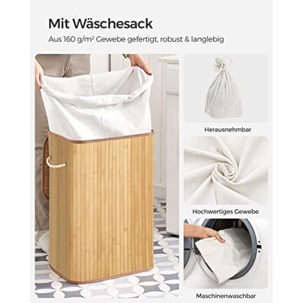 Songmics bambu tvättkorg, 72L fällbar tvätthamper, rektangulär 40 x 30 x 60 cm, naturlig