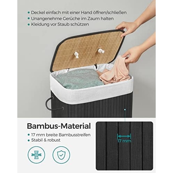 Songmics bambus vasketøjskurv, 72L sammenklappelig vasketøjskurv, rektangulær 40 x 30 x 60 cm, sort
