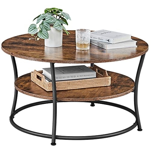 Vasagle soffbord, rund cocktailbord med hylla, rustik brun