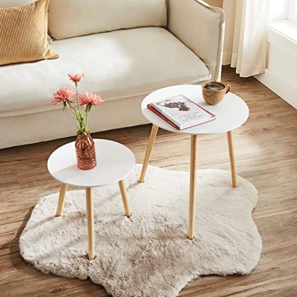 Vasagle 2 sivupöytää, pyöreä päätypöytä, minimalistiset sohvapöydät valkoinen ja luonnollinen