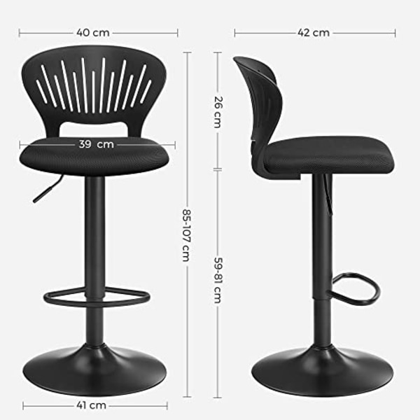 Songmics 2 keittiön tuolia Korkeussäädettävä kruununmuotoisella selkänojalla, kääntyy 360°, musta