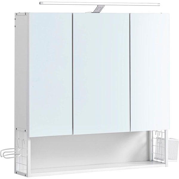 Vasagle väggskåp med spegel, badrumsskåp med LED -lampa, med kabel, vit
