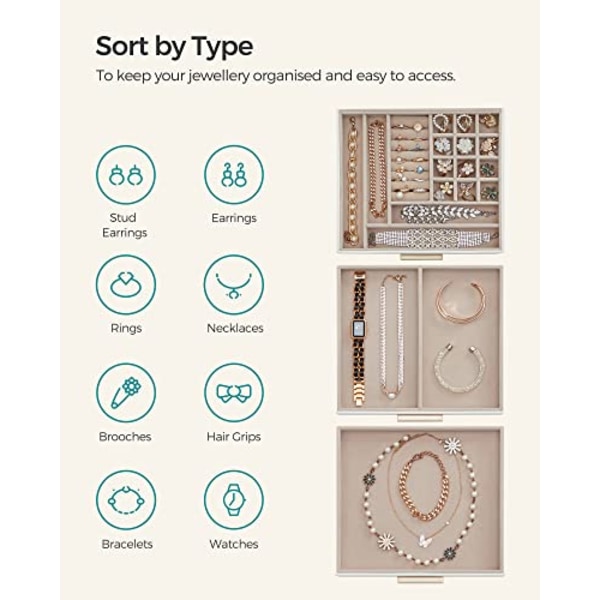 Songmics smyckeskrin med glaslock, 3-lagers smyckesarrangör med 2 lådor, molnvit och guld