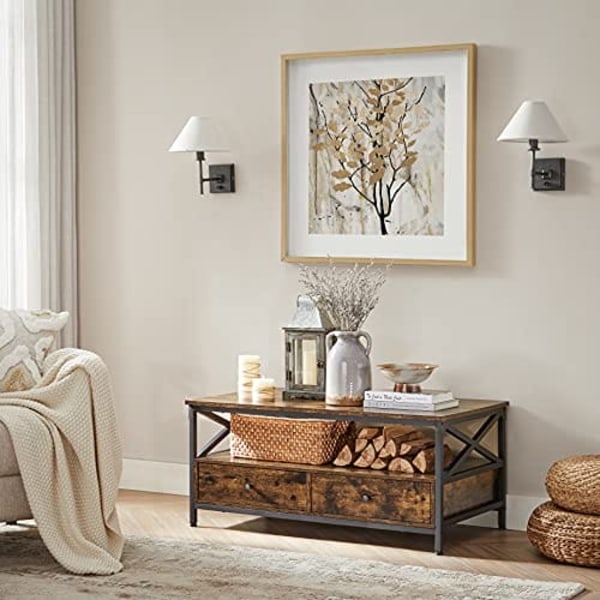 VASAGLE sofabord, stuebord, X-formet stålstel, 100 x 55 x 45 cm, brun og sort
