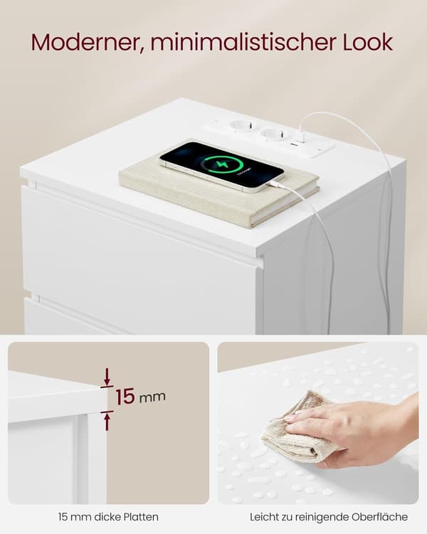 Natbordsbord, Sidebord, 3 skuffer, 2 stikkontakter, 2 USB-porte, Cloud White