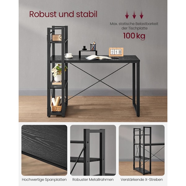 VASAGLE Computerbord, Skrivebord med opbevaringshylder, 120 cm bredt, Ebony Sort