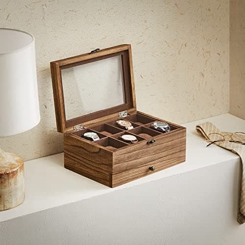 Watchbox Klockbox för 8 Klockor – 2-Nivåer Trälåda med Stort Glaslock, Sammetsfoder & Klockkuddar