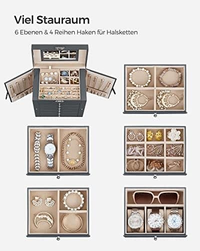 Songmics 6-lagers smyckeskrin med sidovingar, lådor, spegel och lås, presentidé, grå