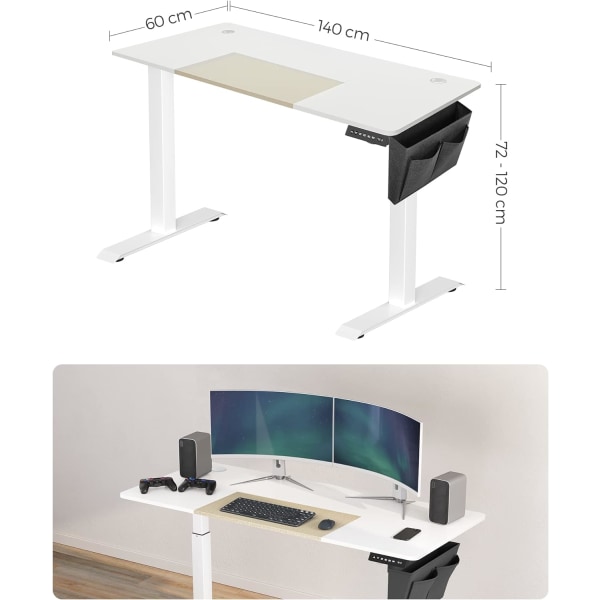 SONGMICS Højdejusterbart elektrisk skrivebord, memory funktion med 4 højder, base hvid/beige