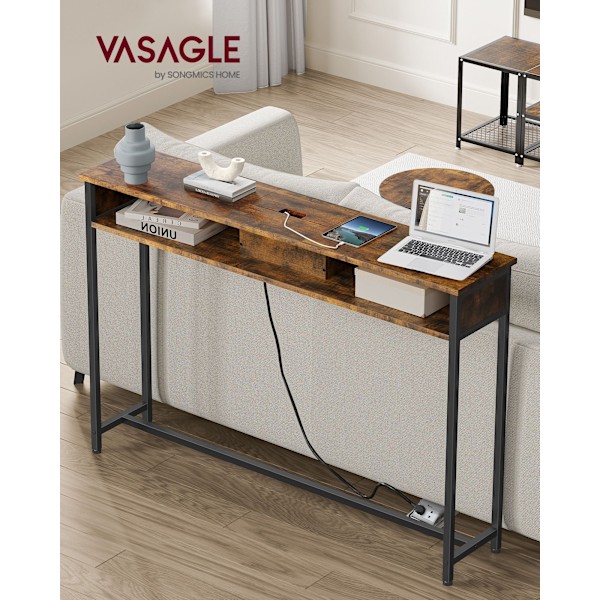 Smalt Konsolbord med Stikdåse, Sofabord, 25 X 120 X 81 Cm, Brun og Blæksort