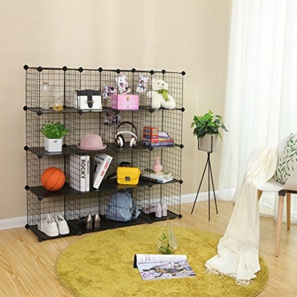 Songmics 16 Cube Metal Wire Storage Organizer, DIY-garderobe og modulære hyldeenheder, sort