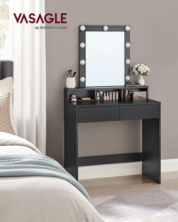 VASAGLE Sminkbord, LED-lamper, Sminkbord med spejl, Moderne, Sort