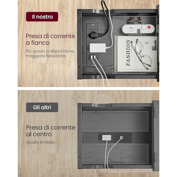 Vasagle sidobord med kraftremsa, med USB -portar, nattduksbord, svart träeffekt