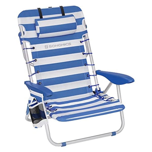 SONGMICS strandstol, hopfällbar campingstol, bärbar utomhusstol, blå och vit
