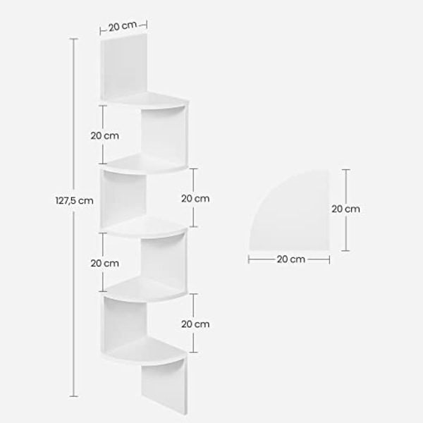 Vasagle hjørnehylde, 5-lags flydende væghylde med zigzag-design, bogreol, hvid