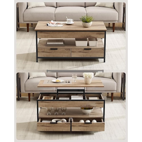 Sofa Bord med Hævefunktion, Stuebord, Opbevaringsskuffer, Brun og Blæksort