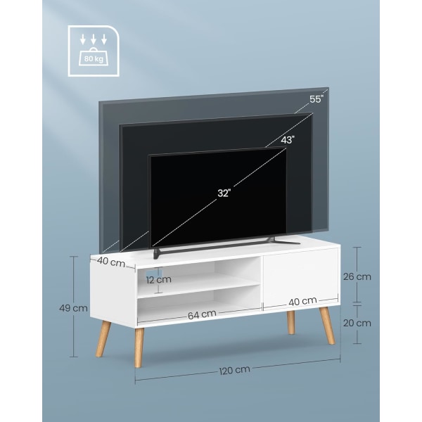 VASAGLE TV-skab, Lowboard TV-skab til TV op til 55 tommer 120 cm lang, hvid