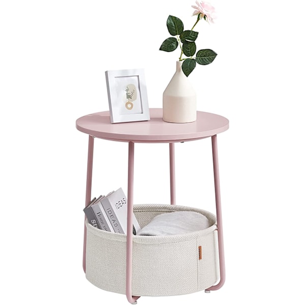 Vasagle sidebord, rundt sidebord med stofkurv, sengebord, pastelrosa/skyhvid