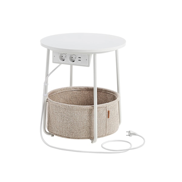 Sofa Bord, Sidebord med Stofkurv, Til Stue, Soveværelse, Natbord, Hvid Og Kamelbrun