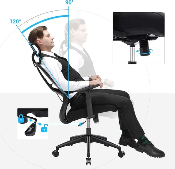 SONGMICS Ergonomisk kontor- og skrivebordsstol med lændestøtte, sort