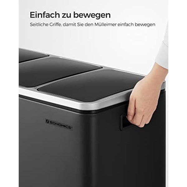 SONGMICS återvinningskärl, 3 x 18 L trippelkök, 3-fack pedalbehållare, svart