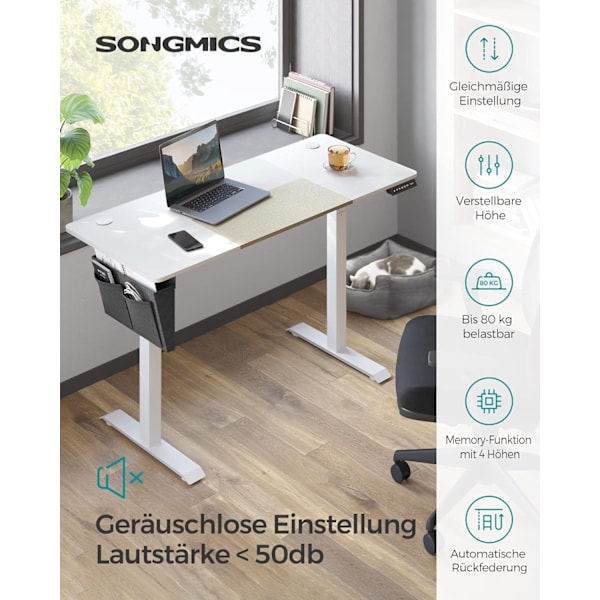 SONGMICS Højdejusterbart elektrisk skrivebord, hukommelsesfunktion med 4 højder, base hvid/beige