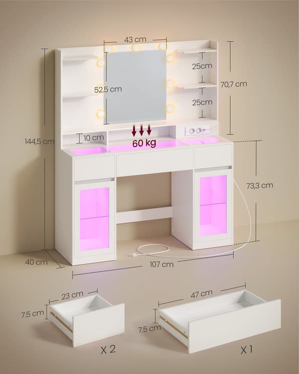 Makeupbord med LED-spejl og RGB-belysning
