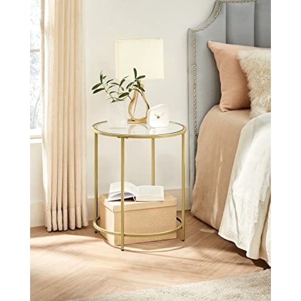 Vasagle rundt sidebord, hærdet glas sofabord med gylden metalram, lille sofabord, guld