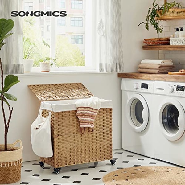 Songmics Tvättkorg, handvävd tvätthamare, 140L rotting-stil, naturlig