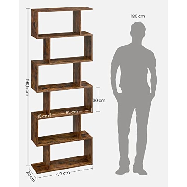 Vasagle puinen kirjahylly, koristeelliset säilytyshyllyt, 6-tason kirjahylly, rustiikki ruskea