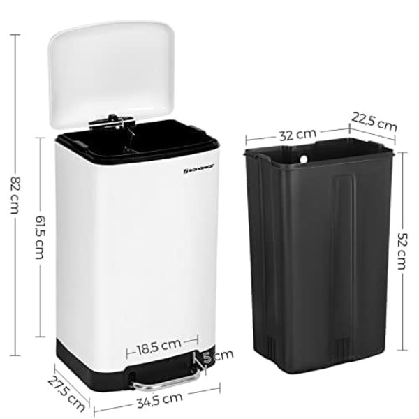 SONGMICS soptunna, 30L papperskorg, stålpedalbehållare, innerhink och lock, vit