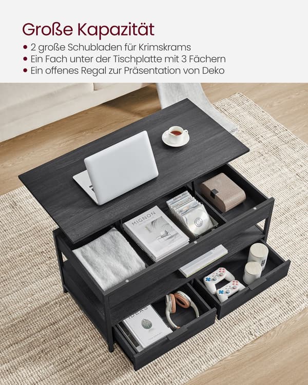 Sofa Bord, Stuebord, med Opbevaringsskuffer, Koksgrå og Blæksort