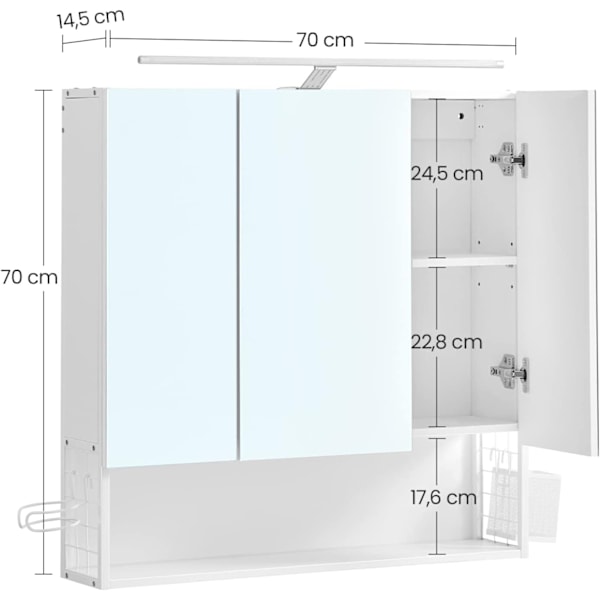 Vasagle väggskåp med spegel, badrumsskåp med LED -lampa, med kabel, vit