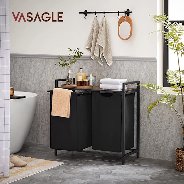 Vasagle tvätthämma, tvätthamper, 2 enkla utdragbara och avtagbara, brun och svart