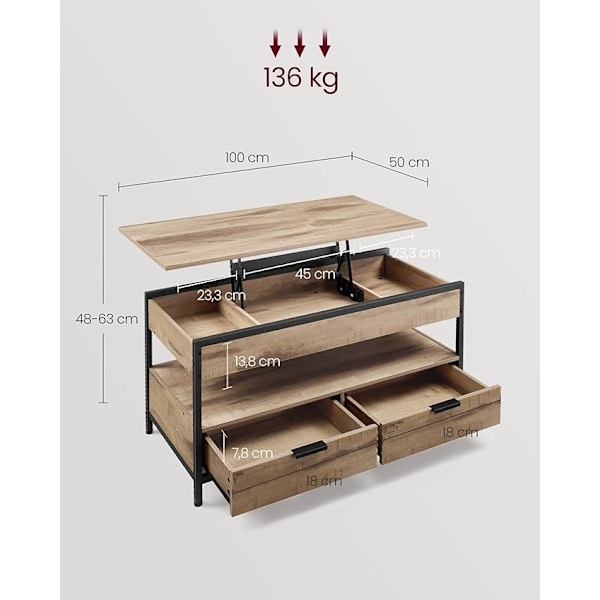 Sofa Bord med Hævefunktion, Stuebord, Opbevaringsskuffer, Brun og Blæksort